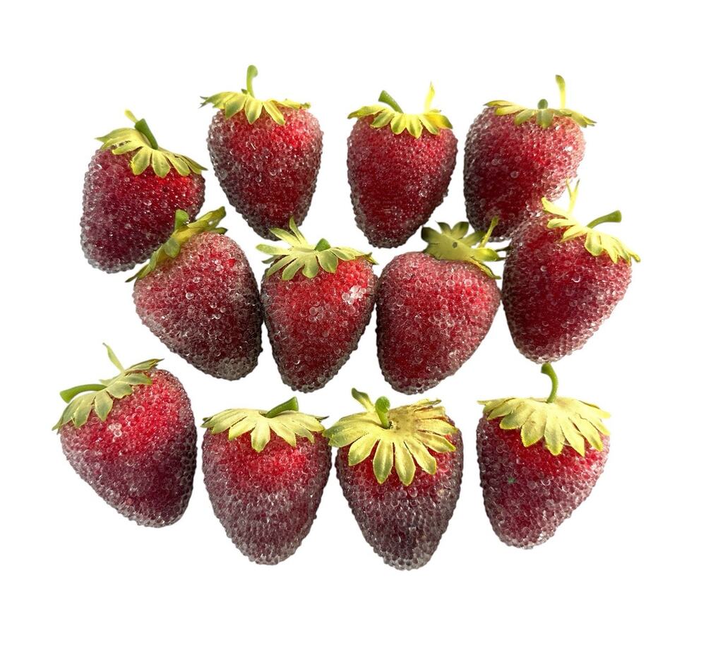 12 Vintage Sugared Strawberry Faux Fruit Beaded Millinery Craft Decor 2”